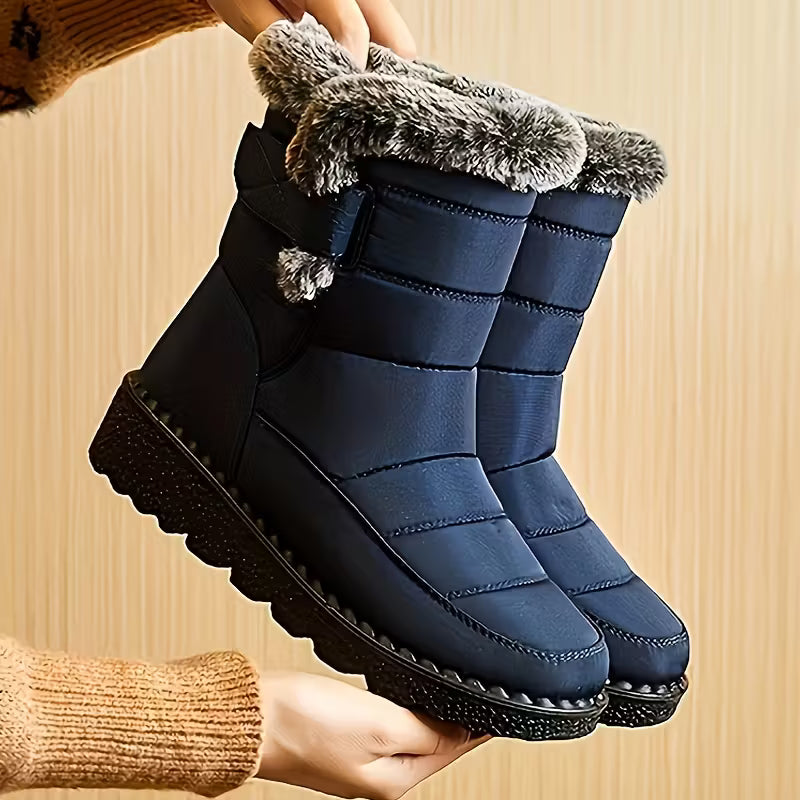 Women's Navy Blue Winter Boots, Warm Fleece-Lined Ankle Boots with Easy Hook-and-loop Fastener Slip-On Closure and Thick Traction Sole for Outdoor Adventures, Winter Boots